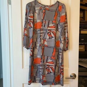 $225 Tahari 4 graphic print dress black gray orange knee length wedding guest